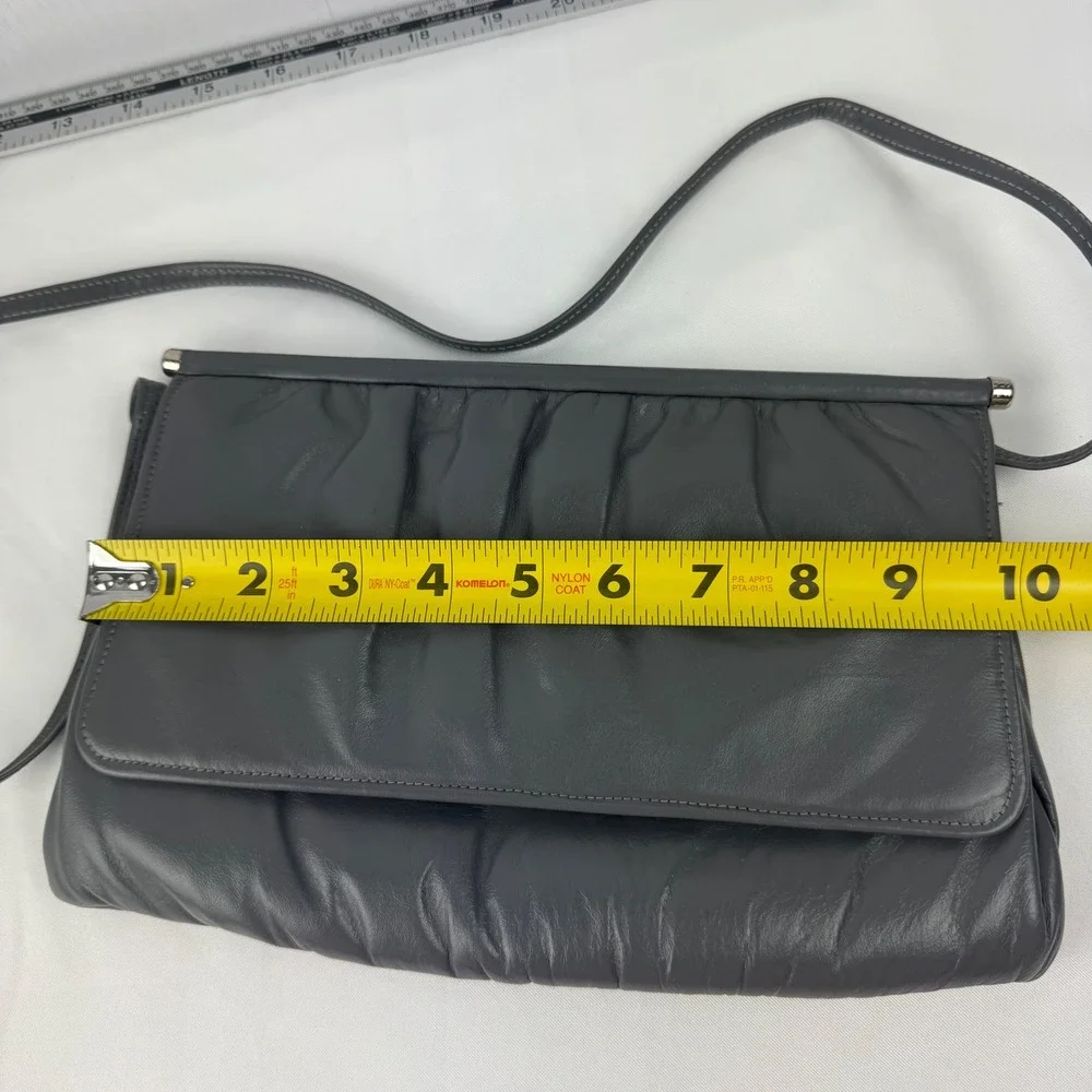 Vintage Mardane USA Gray Leather Ruched Foldover Clutch‎ Shoulder Bag